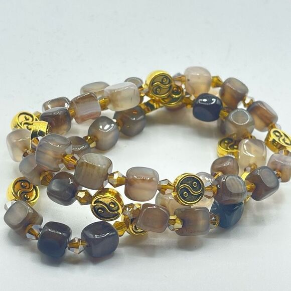 Crystal beaded stretch bracelet ONE NEW yin Yang coffee agate - Picture 4 of 10